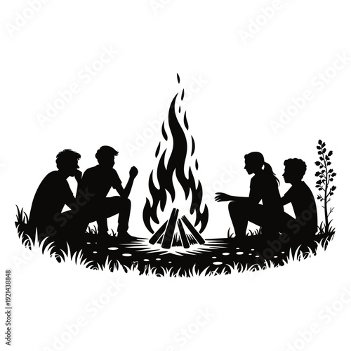 Silhouetted group gathered around a warm campfire in nature