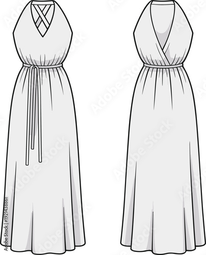 Women maxi wrap dress technical fashion illustration, sleeveless long gown front and back view isolated on white background apparel design template
