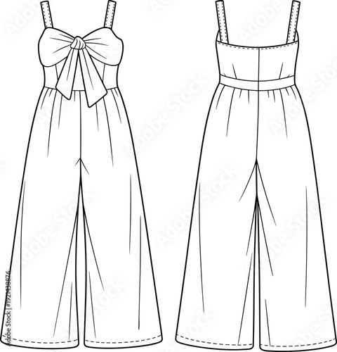 Women wide leg jumpsuit technical fashion illustration, sleeveless bow front romper with long pants front and back view isolated on white background template