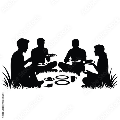Silhouetted group enjoying a meal together outdoors likely a picnic