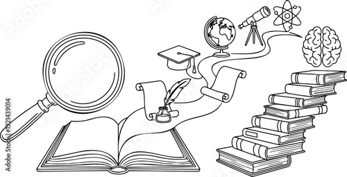 Black and white line art vector illustration of a continuous learning and education journey concept featuring an open book, magnifying glass, book staircase, scroll, graduation cap, globe, telescope, 