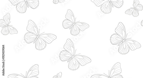 Seamless pattern of light gray butterfly line-art outlines in a repeating design for delicate wallpaper and fabrics.