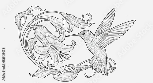 Graceful Hummingbird Nectaring from Elegant Lily Flower in Detailed Black and White Line Art Illustration, Decorative Drawing