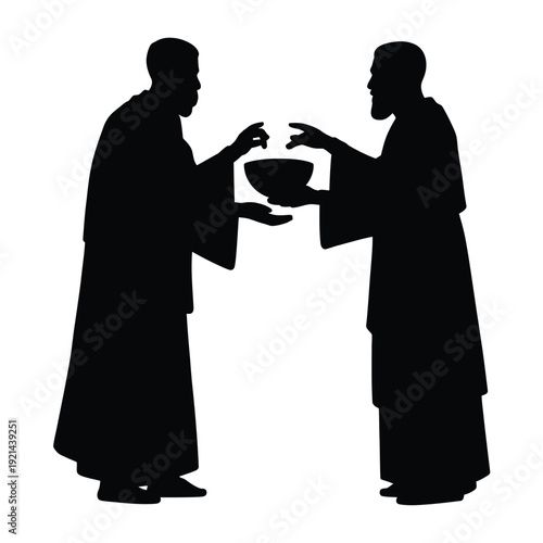 Two monks exchanging a bowl in a simple black silhouette illustration