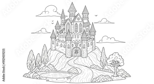 Fantasy castle on a hill with trees and a pond, detailed line art illustration for coloring book. Fairytale kingdom.