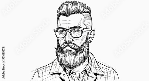 Hand-drawn illustration of a stylish man with a full beard, mustache, undercut haircut, and eyeglasses wearing a plaid shirt