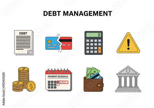 Financial icons for debt management, credit card, bills, money, and calculator illustrating financial planning