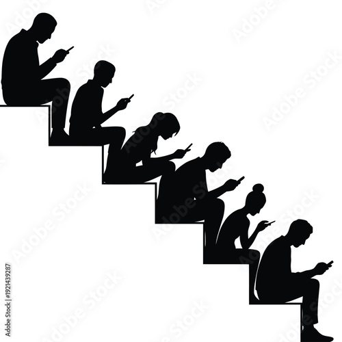 Silhouette figures seated on steps all absorbed in their mobile phones