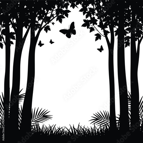 Silhouetted trees frame a bright open sky with fluttering butterflies