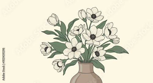 Classic botanical illustration featuring a lush bouquet of anemone flowers arranged in a simple ceramic vase.
