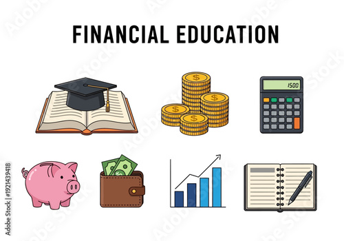 Financial education and investment concepts illustrated with icons of money, growth, and learning