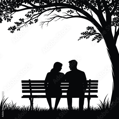 A couple sits on a park bench beneath the branches of a tree