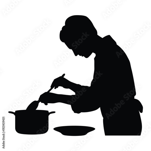 Silhouette of a woman cooking in the kitchen with a pot and bowl