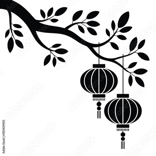Elegant branch with hanging lanterns a simple black and white design