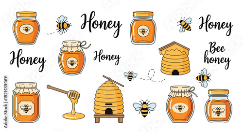 Collection of honey themed hand drawn icons featuring jars filled with amber nectar bees beehives and a wooden honey dipper on white.