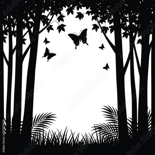 Silhouetted forest scene with butterflies against a bright white backdrop
