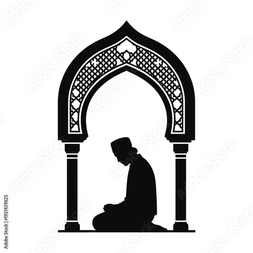 Silhouette of a praying man within an ornate islamic archway