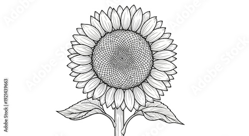 Elegant black and white hand-drawn sunflower illustration, detailed botanical line art for nature, garden, and floral themes.