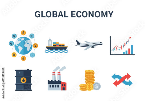 Diverse icons representing global economy, including currency exchange, cargo ships, airplanes, stock charts, oil barrels, factories, coins, and currency exchange symbols