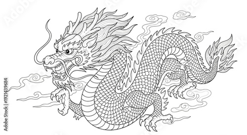 Intricate Asian Dragon Line Art Illustration with Clouds for Coloring Book or Traditional Cultural Design