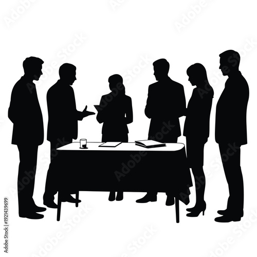 A group of business professionals in a meeting silhouetted against a white background
