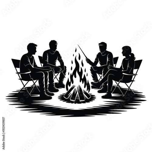 Silhouettes of people gathered around a glowing campfire at night