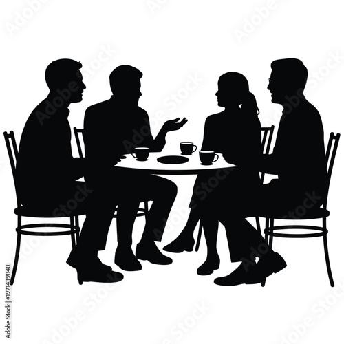 Silhouettes of four people engaged in conversation around a small table