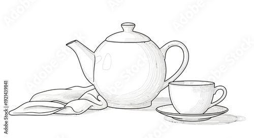 Hand-drawn sketch of a ceramic teapot, teacup, and saucer with a napkin, traditional monochrome line art illustration