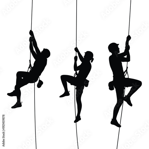 Silhouettes of three people rappelling down ropes against a white background