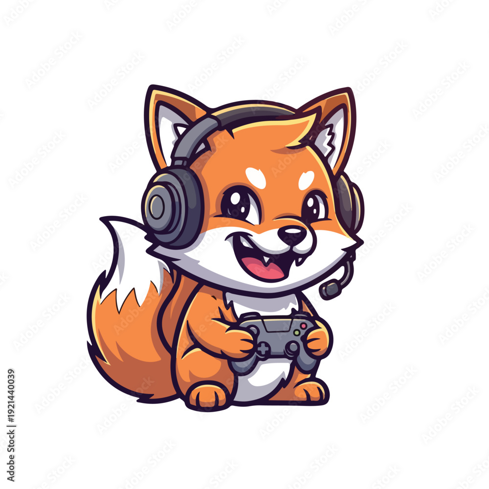Obraz premium Cute Gaming Fox with Headset and Controller