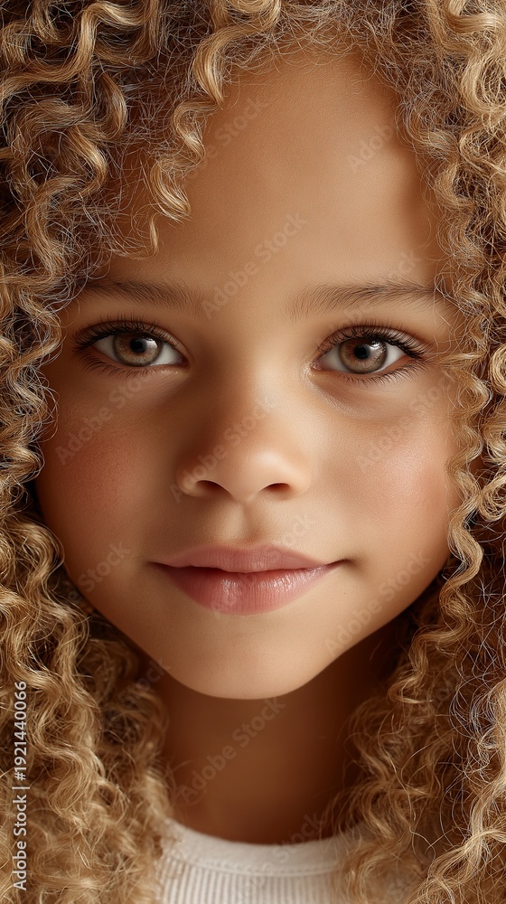 Fototapeta premium Nahaufnahme des Gesichts eines Kleinkindes mit lockigem blondem Haar und ausdrucksstarken braunen Augen