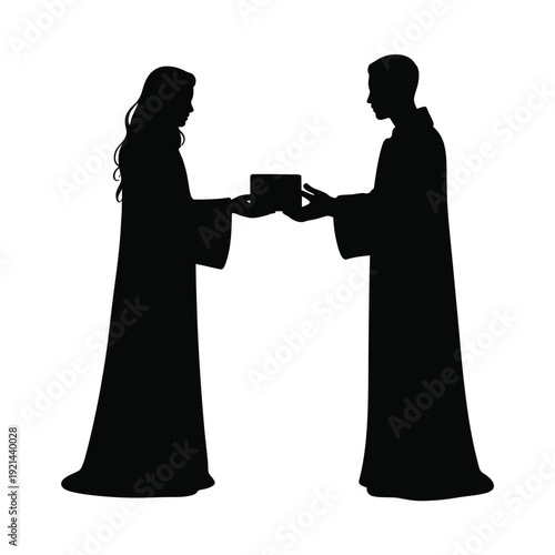 Silhouette of a couple exchanging a gift facing each other