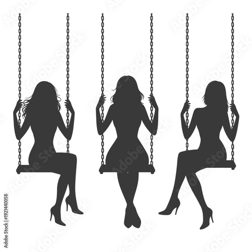 Silhouettes of three women on swings against a white background