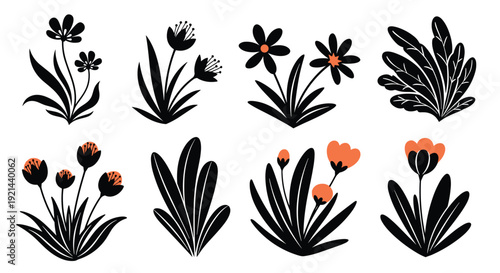 Set of stylized floral and plant silhouettes featuring various flowers and leaves with some accents of peach and orange colors.