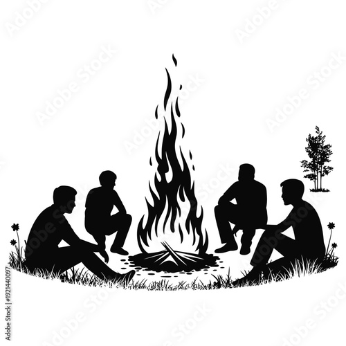 Silhouettes of people gathered around a warm and inviting campfire