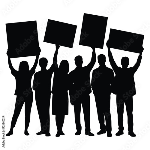 Silhouette of people raising blank signs in a unified demonstration