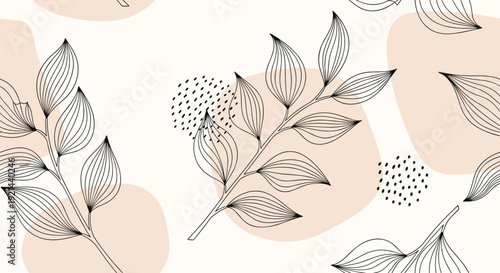 Boho chic seamless pattern featuring hand drawn leafy branches and abstract organic shapes in soft earthy tones of beige.