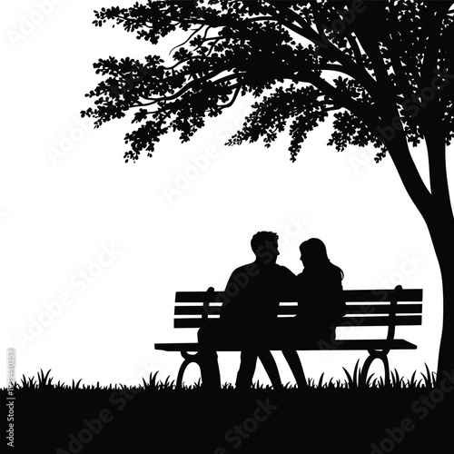 Silhouette of a couple seated on a park bench under a tree