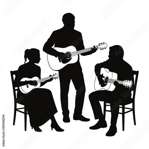 Silhouettes of three musicians playing guitars in a simple setting