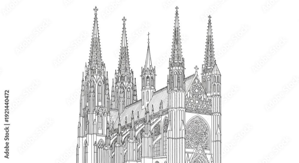 Fototapeta premium Detailed Gothic Cathedral Architecture Illustration. Medieval European Religious Building with Spires and Ornate Line Art.