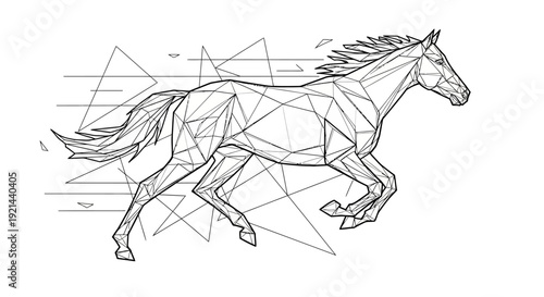Dynamic geometric running horse illustration. Abstract polygonal line art depicting speed, power, and freedom in modern design.