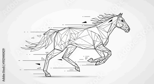 Dynamic geometric polygonal horse running illustration. Abstract line art depiction of a galloping equine with speed lines and modern digital aesthetic.