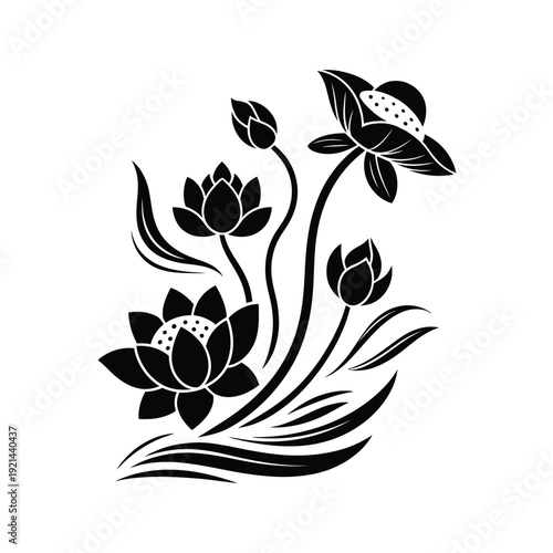 Elegant black and white illustration of blooming lotus flowers and leaves