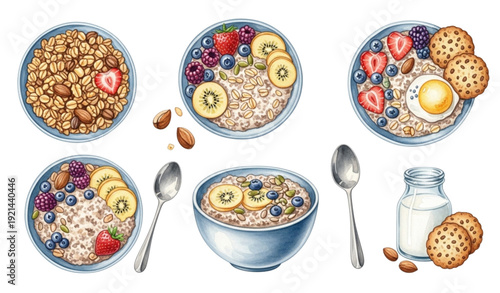 Vibrant Watercolor Breakfast Bowls Clipart – Granola, Oatmeal & Porridge with Toppings
