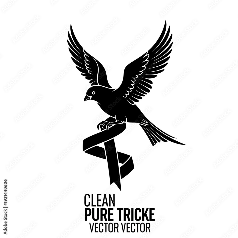 Obraz premium Black Bird Holding Ribbon Vector Silhouette, Clean Pure Tricke Symbol