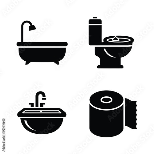 Simple black icons of bathroom fixtures including bathtub, toilet, sink, and toilet paper on a white background viewed from the front