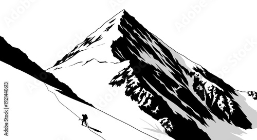 Dramatic black and white illustration of a lone ski mountaineer ascending a steep, snow-covered alpine mountain peak.
