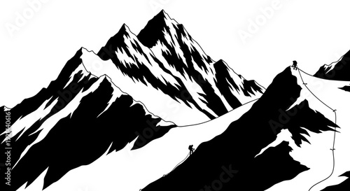 Black and white graphic illustration of mountaineers climbing a snowy alpine peak, an adventurous journey to the mountain summit.