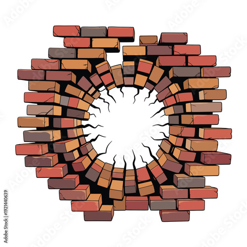 A circular breach in a brick wall with shattered fragments