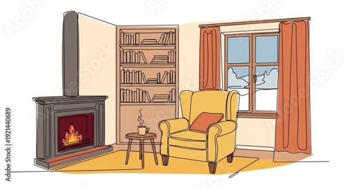 Cozy living room with fireplace and armchair on a winter day.